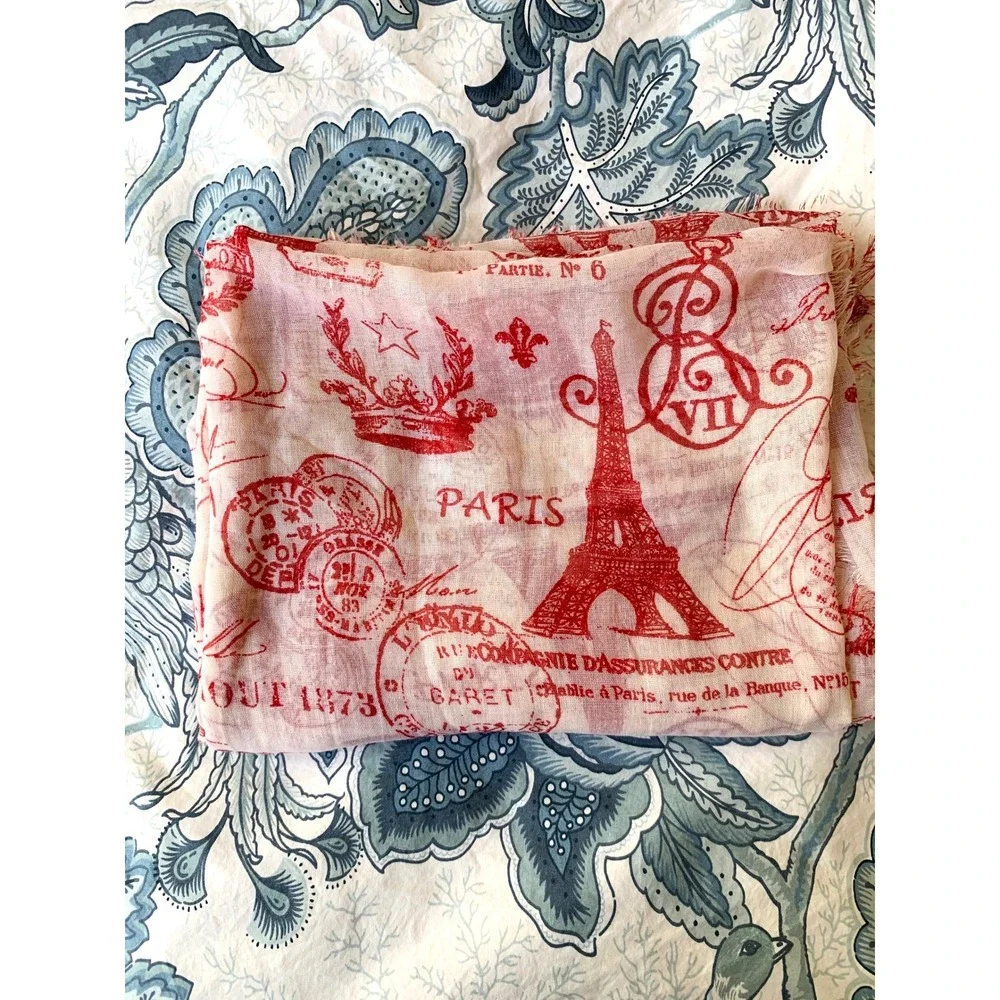 Parisian Sheer Scarf Eiffel Tower Postmarks Crowns Red Ivory 45x68 Travel Wrap